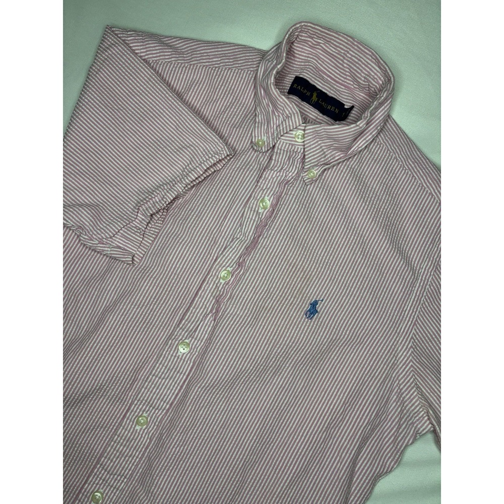 Ralph Lauren Short Sleeve Button Down Shirt Men's Small Pink Striped Seersucker